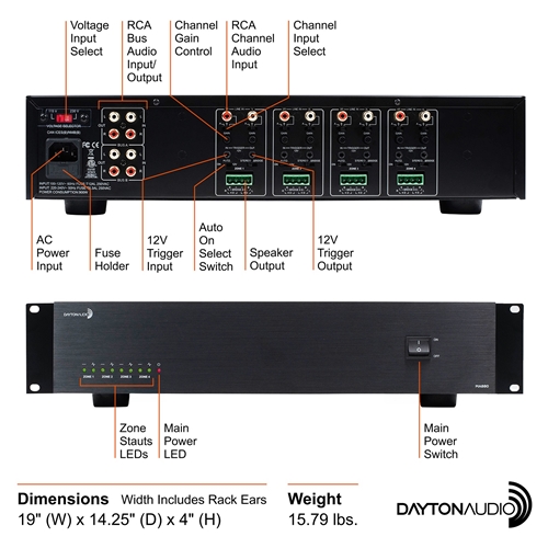 Dayton Audio - MA880 4 Zone Amplifier 8Ch X 80W Class D, 6 Input