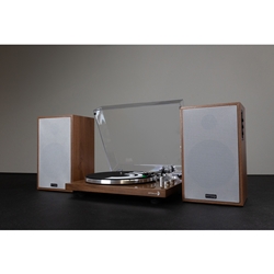 Classic 6.5" Powered Bluetooth Bookshelf Speaker Pair and Turntable Bundle Wood